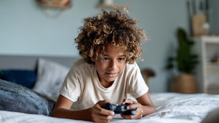 Boy playing video game in bedroom.