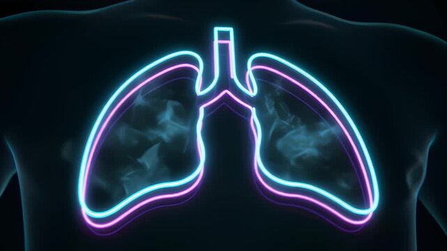 Glowing Lungs Show Breathing on Silhouette Man's Chest, Neon Style