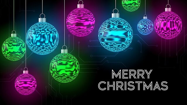 Vibrant glowing christmas ornaments with merry christmas text on black background