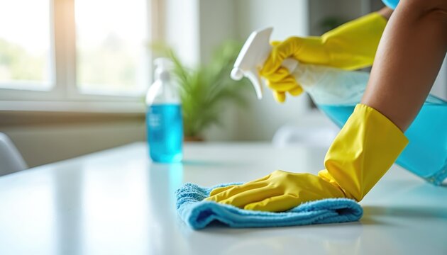 Person in yellow gloves wipes table with blue cloth after spraying disinfectant. Another cleaning spray bottle nearby. Focus on hygiene and tidiness. Home or office upkeep.