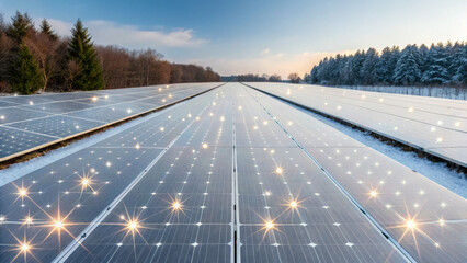 Christmas green energy eco friendly solar panels sparkle in winter landscape with snow covered trees and clear sky at sunrise