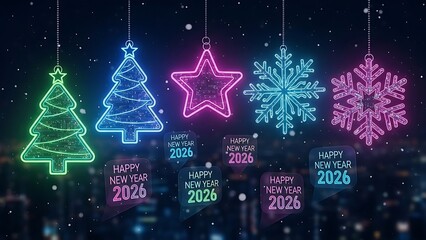 Hanging neon christmas ornaments and new year numbers on a dark background