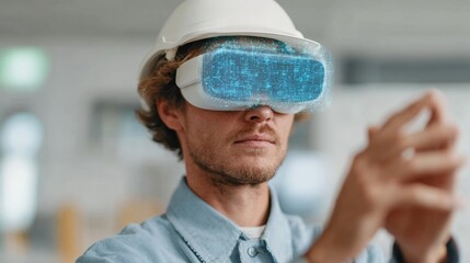 Man wearing virtual reality headset in office setting.