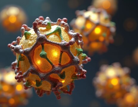 Gold nanoparticle molecular structure glows, featuring complex conjugates of antibodies, proteins, peptides, ligands, polymers on outer surface. 3d render powerfully represents cutting-edge nanotech