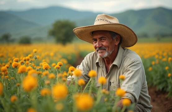 Elderly hispanic farmer with grey beard sits in yellow marigold field. Happy senior man in straw hat smiles working on farm. Mexican agricultural worker cultivates cempasuchil plants in rural