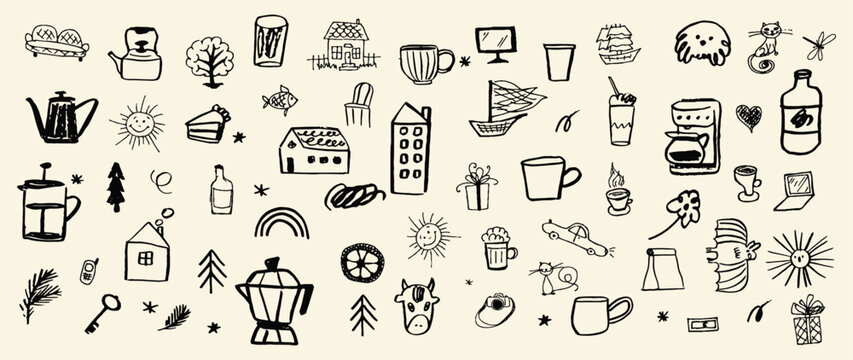 A playful hand-drawn doodle collection featuring everyday objects, home items, nature elements, animals, coffee icons, and whimsical sketches. Perfect for patterns, stickers, branding, journaling, and