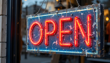 Neon Las Vegas open sign advertising a business for sale on a city street