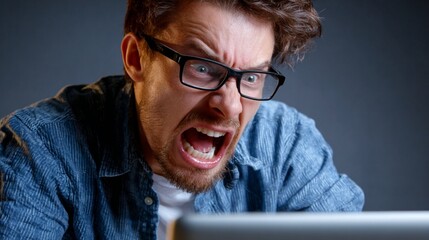 Frustrated man screams at his laptop screen, embodying the intense emotions associated with working from home or dealing with technology issues in a digital age.