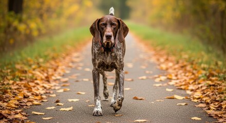 A focused german shorthaired pointer dog walks along a path filled with autumnal leaves