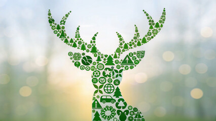 Christmas green energy eco friendly deer silhouette made of nature and recycling icons, symbolizing sustainable holiday celebration