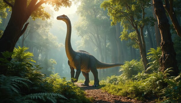 Brachiosaurus walks in prehistoric forest with ferns. Tall dinosaur roams among trees. Sunlight filters through canopy creating peaceful primeval landscape. Concept art for paleo art prehistoric era.