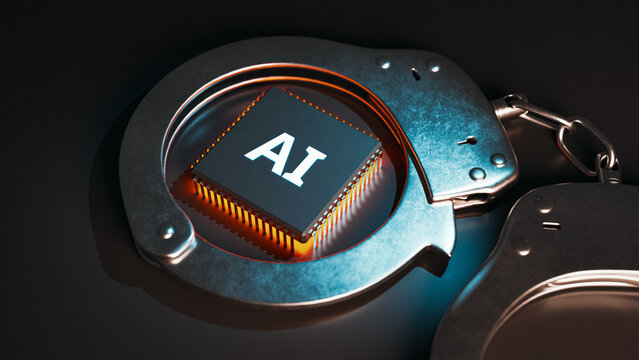 AI Chip In Handcuffs For Artificial Intelligence Crime Law. 3d rendering