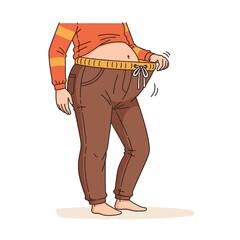 Vector line art illustration of a person showing significant weight loss with large, loose-fitting pants, a concept for dieting and fitness success