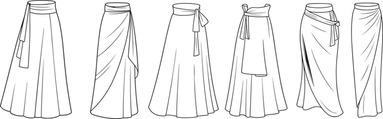 Long skirt fashion sketch, front view garment template, CAD drawing, flat vector, clothing design, pleated wrap draped styles