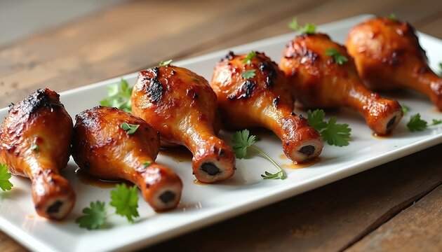 Grilled chicken drumsticks on white platter garnished with fresh herbs. Juicy roasted poultry legs with barbecue sauce, crispy skin. Delicious appetizer dish on wooden table, savory dinner course