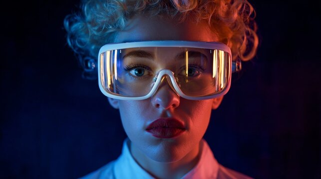 Woman wearing futuristic goggles in a dark room.
