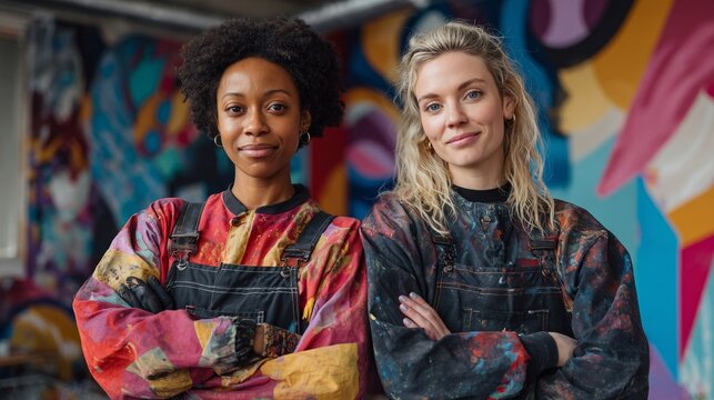 Woman and man posing in front of colorful mural.