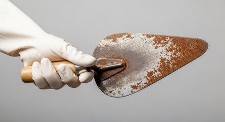 A gloved hand presents a weathered trowel showcasing vintage charm and rustic elegance in design
