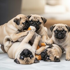 A Group of Playful Pug Puppies Interacting Lovingly With a Plush Toy in a Bright Setting