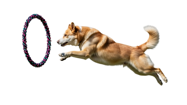 Dog leaping through a colorful rope hoop in mid air with a black background in the outdoors