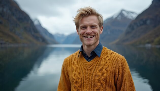 Young blond man smiles happily near calm fjord. Tall mountains with snow dot scenic landscape. Wears warm sweater, enjoying nature, travel, embodying peaceful outdoor lifestyle in cold weather. - Powered by Adobe