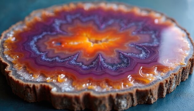 Close up shot presents brown geode slice with concentric circles. Layers shown in orange, purple and white colors. Natural stone slice for jewellery or decor items. Abstract background texture.