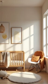 Warm nursery room with wooden crib and white rocking chair. Soft blanket and pillow on chair. Sunlit wall and floor with natural light create cozy atmosphere.