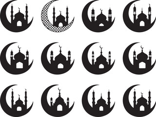 Fototapeta premium Crescent Moon and Islamic Mosque Silhouette Building Vector Illustration Isolated on Transparent Background in Silhouette Style Editable Stroke