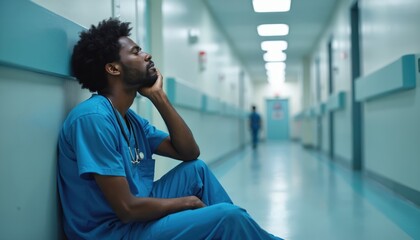Tired doctor sits on hospital corridor floor. African American man exhausted after surgery. Healthcare worker in blue scrubs feels overwhelmed. Burnout, stress in medical profession. Mental health