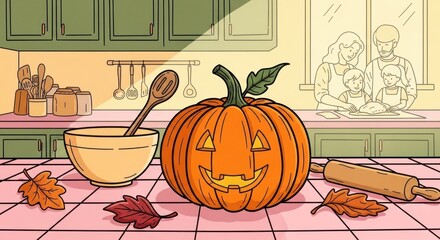 A heartwarming family bakes together with a playful jack-o'-lantern nearby creating festive memories