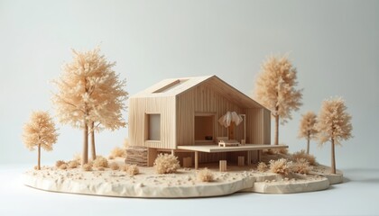 Miniature architectural model of modern wooden house surrounded by nature. Detailed eco home layout with minimalist design, timber construction. Building project represents sustainable property
