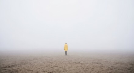 Solitary figure in yellow coat amidst dense fog on empty beach