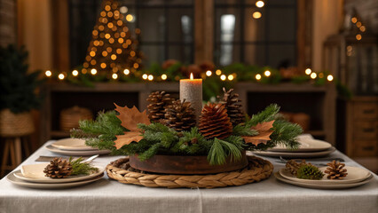 Christmas green energy eco friendly table setting with pinecone centerpiece candle and festive natural decoration for holiday dinner party