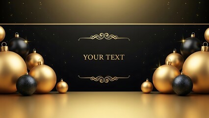 Elegant gold and black christmas ornaments with festive background