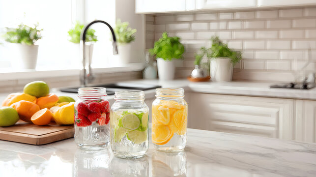 Fresh and colorful fruit infusions in glass jars on a kitchen counter - Powered by Adobe