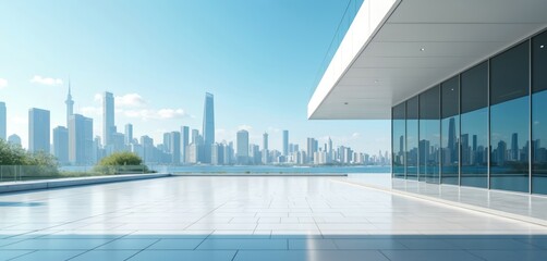 Modern architecture with cityscape view. Sunny day overlooking city buildings reflecting in glass windows. Empty white floor for car or product presentation. Urban landscape outdoor scene.