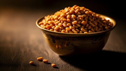 Fenugreek seeds in brass bowl healthy aromatic spice food photography