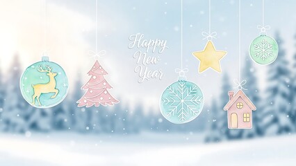 Whimsical christmas ornaments hanging in snowy forest scene