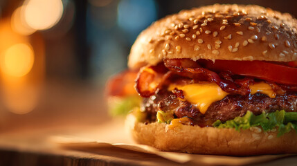 Juicy hamburger with cheese bacon and fresh vegetables