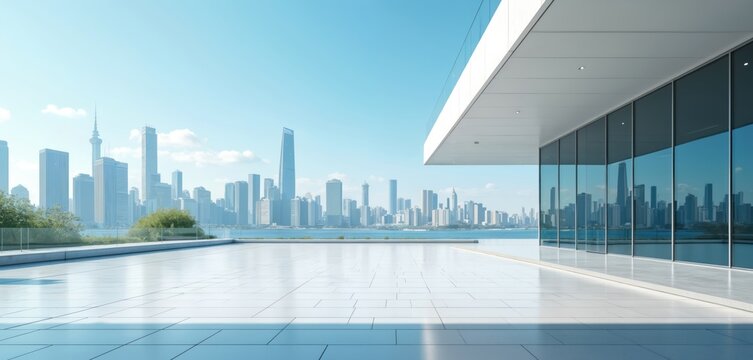 Modern architecture with cityscape view. Sunny day overlooking city buildings reflecting in glass windows. Empty white floor for car or product presentation. Urban landscape outdoor scene.