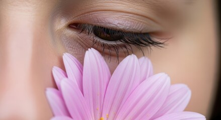 Close-up of female eye with pink flower petals