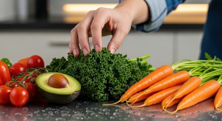 Person's hand touching fresh green kale near raw healthy vegetables