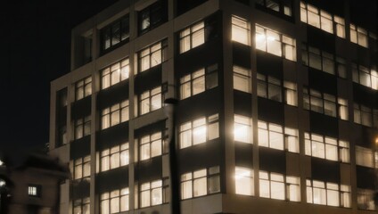Modern Office Building at Night with Illuminated Windows.