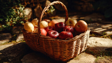 A wicker basket filled with various fresh apples in an outdoor setting