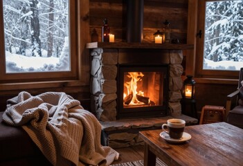 Warm cozy cabin interior in winter
