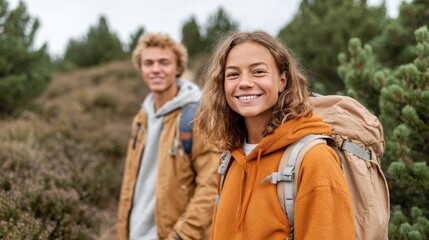 Fototapeta premium Two people hiking in a mountainous area.