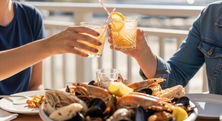 Relaxing outdoor seafood brunch with refreshing cocktails