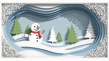 Whimsical paper cut snowman scene with snowy forest and trees