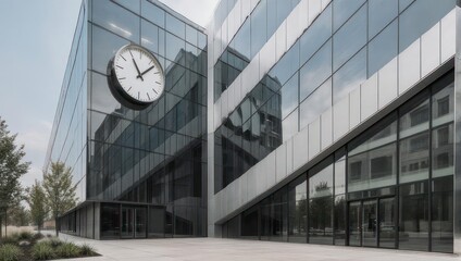 Modern Office Building Exterior with Large Clock.