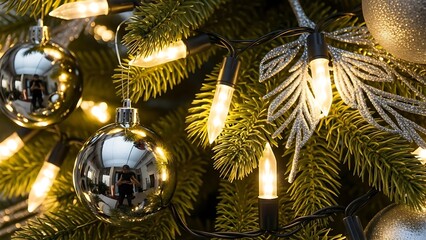 Close up of a decorated christmas tree with shiny ornaments and warm lights